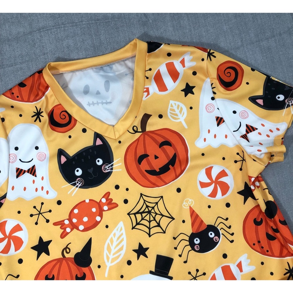 Scrub Top Women's Large Yellow Halloween Ghost Pumpkin Black Cat Spider Web Fall